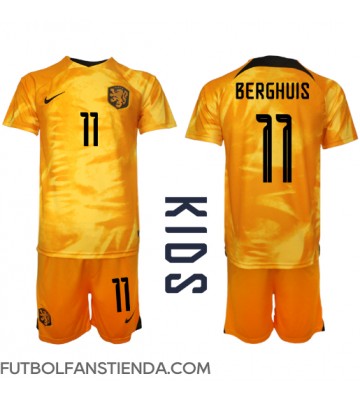 Países Bajos Steven Berghuis #11 Primera Equipación Niños Mundial 2022 Manga Corta (+ Pantalones cortos)
